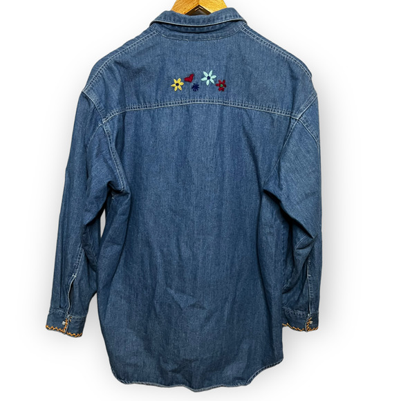 Vintage 90's Pepe Jeans London Women's Embroidered Floral Denim Shirt Size Small - Picture 2 of 12